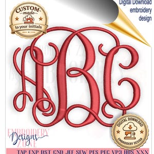 May include: Red embroidered monogram design with the letters HBC. The design includes the text "CUSTOM-made to your initials" and "Digital Download embroidery design". The image also includes the text "EMBROIDERY Designs" and "DIGITAL DOWNLOAD EMBROIDERY DESIGN".