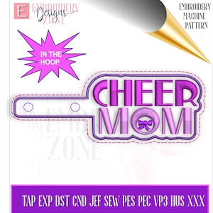 Cheer Mom key chain embroidery design in the hoop, snap-tab ith key fob file, cheerleader cheerleading snap tab, embroidery pattern template