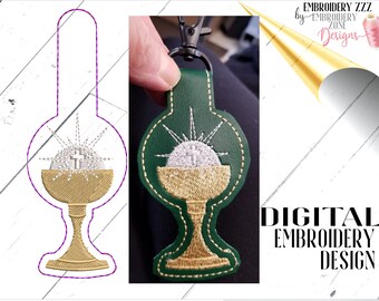 First communion key fob embroidery design. In the hoop Christian key fob pattern. Religious snap tab ITH template.  Chalice embroidery file