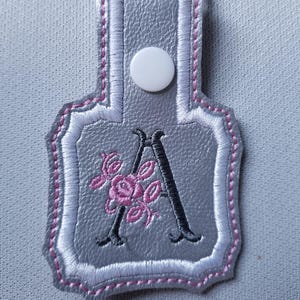 Monogram ITH snap tab key fob embroidery design, In the hoop key chain monogram design file, PES embroidery key fob, Letter A snap tab, file