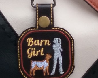 Boer Goat Barn Girl snap tab key fob in the hoop embroidery pattern, ith boer goat design, pes key chain embroidery file, keychain template