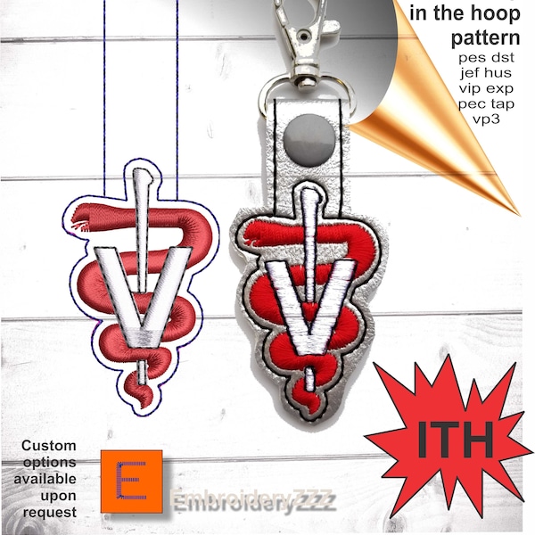 Veterinary medicine logo embroidery machine file. DVM snap tab pattern to embroider. Vet medical doctor V with snake on pole veterinarian Dr