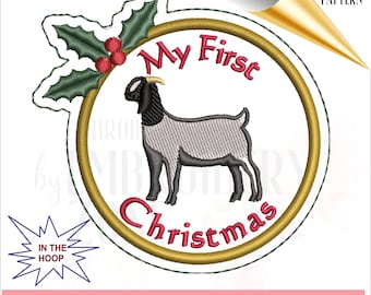 My First Christmas Boer Goat in the hoop embroidery pattern.  ITH goat design, pes felt design file, 4H Christmas ornament template