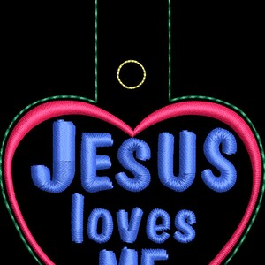 ITH Jesus loves me snap tab embroidery key fob pattern. Bag tag in the hoop design. Jesus heart shaped machine embroidery file digital file image 2