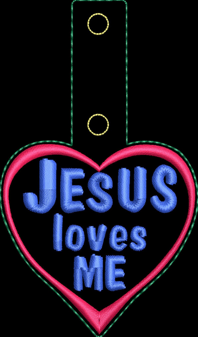 ITH Jesus loves me snap tab embroidery key fob pattern. Bag tag in the hoop design. Jesus heart shaped machine embroidery file digital file image 2