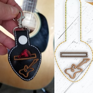 Guitar pick holder snap tab In the hoop embroidery template. Guitar pic case key fob pattern, ITH machine embroidery file, digital design image 1