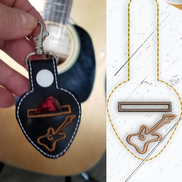 Guitar pick holder snap tab In the hoop embroidery template. Guitar pic case key fob pattern, ITH machine embroidery file, digital design