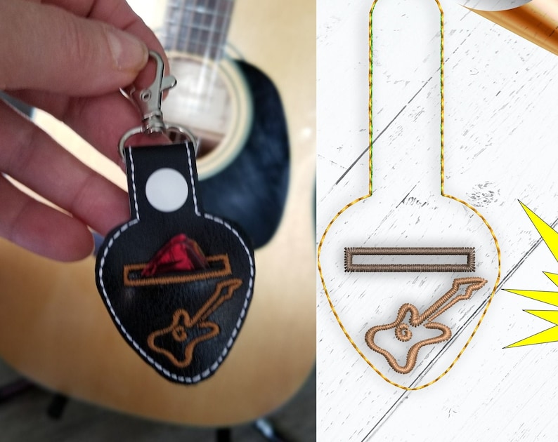 Guitar pick holder snap tab In the hoop embroidery template. Guitar pic case key fob pattern, ITH machine embroidery file, digital design image 1