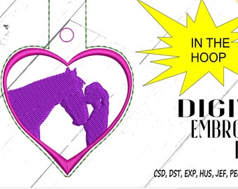 Girl Kissing Horse Embroidery Design, ITH Key Fob Pattern (Digital Download)