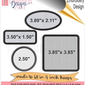 Puede incluir: Cuatro diseños de bordado para un aro de 10 cm. Los diseños son un círculo, un rectángulo y dos óvalos. El círculo tiene un diámetro de 6,35 cm. El rectángulo mide 9,78 cm por 9,78 cm. Los óvalos miden 9,88 cm por 5,36 cm y 8,89 cm por 3,81 cm. Los diseños están hechos para caber en un aro de 10 cm. El texto "TAP EXP DST CND JEF SEW PES PEC Vp3 HUS XXX" está en la parte inferior de la imagen.