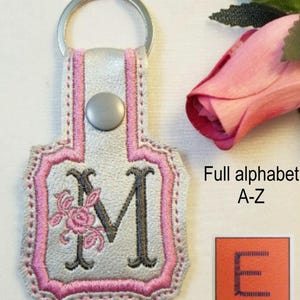 Monogram ITH full embroidery alphabet A-Z snap tab key fob. Dst pes jef exp embroider designs. In the hoop key chain file all 26 letters