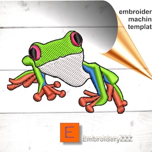 Tree frog embroidery design pattern.  Red eyed rain forest frog template for machine embroidery.