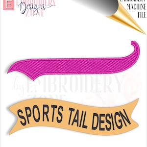 Pode incluir: Um arquivo de bordado de cauda esportiva rosa. O design é uma faixa curva com uma ponta pontiaguda. O texto "SPORTS TAIL DESIGN" está escrito em preto na faixa.