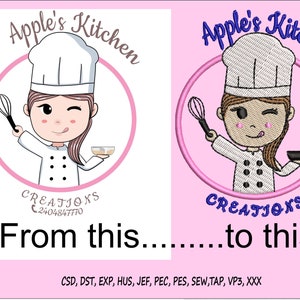 May include: A pink background with two images of a cartoon chef girl holding a whisk and a bowl. The text "Apple's Kitchen" is above the images. The text "CREATIONS" is below the images. The text "From this.........to this" is below the text "CREATIONS". The text "CSD, DST, EXP, HUS, JEF, PEC, PES, SEW,TAP, VP3, XXX" is below the text "From this.........to this".