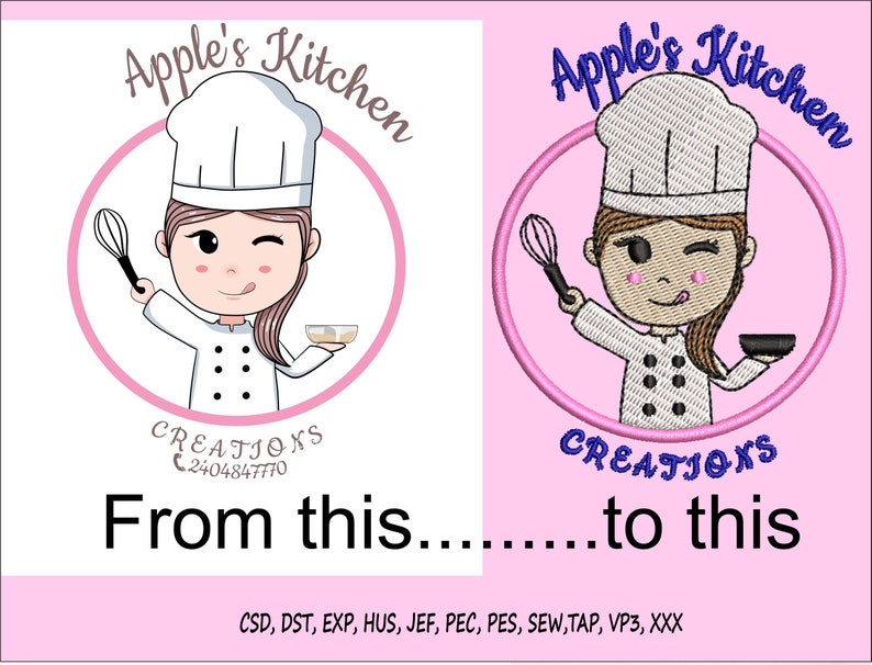 May include: A pink background with two images of a cartoon chef girl holding a whisk and a bowl. The text "Apple's Kitchen" is above the images. The text "CREATIONS" is below the images. The text "From this.........to this" is below the text "CREATIONS". The text "CSD, DST, EXP, HUS, JEF, PEC, PES, SEW,TAP, VP3, XXX" is below the text "From this.........to this".
