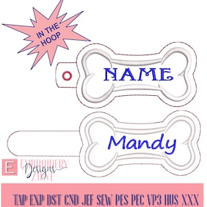 May include: A white bone-shaped embroidery design with a blue outline and the text "NAME" and "Mandy" inside. The design is for embroidery machines and includes the file formats TAP, EXP, DST, CND, JEF, SEW, PES, PEC, VP3, HUS, and XXX.