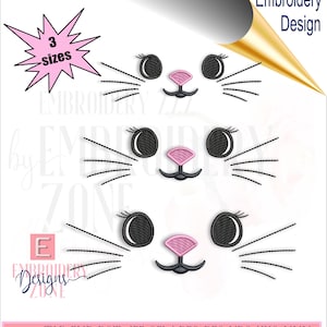 Puede incluir: Diseño de bordado blanco con tres caras de gato con ojos negros, bigotes y narices rosas. El diseño incluye el texto "Embroidery Design" y "3 sizes". La parte inferior de la imagen muestra formatos de archivo de bordado.