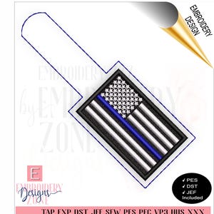 Diseño de bordado para llavero con broche de presión de la bandera de la Línea Azul Delgada – Llavero de policía ITH In the Hoop – Regalo para socorristas – Aro 4x4