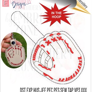 Baseball Handschuh Druckknopf Stickmuster Im Stickrahmen. Team Player Schlüsselanhänger Schablone zum Personalisieren. Fügen Sie einen Namen oder eine Nummer für das Monogramm des Kindes hinzu