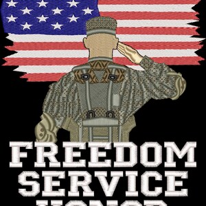 May include: A soldier salutes in front of a tattered American flag. The words "FREEDOM SERVICE HONOR" are printed below the soldier.