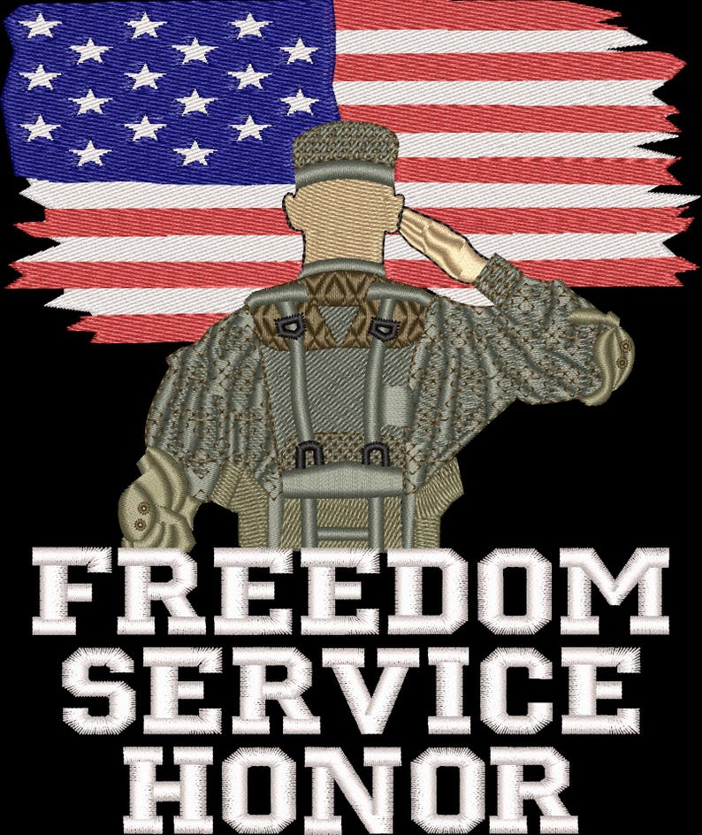 May include: A soldier salutes in front of a tattered American flag. The words "FREEDOM SERVICE HONOR" are printed below the soldier.