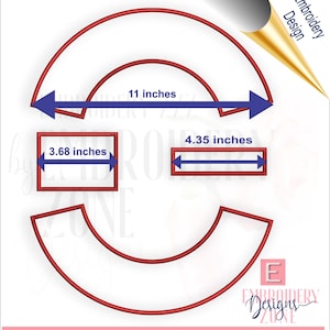Może przedstawiać: Czerwony wzór haftu z wymiarami w calach. Projekt zawiera zakrzywiony kształt, prostokąt o wymiarach 9,35 cm i prostokąt o wymiarach 11,05 cm. Obecny jest również tekst "11 inches".