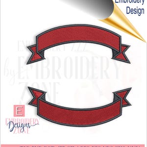 May include: Two red embroidered banners with black outlines, designed for embroidery. The banners are curved with pointed ends. The image includes the text "Embroidery Design" and "Embroidery Zone".