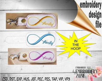 Infinity family shaped snap tab key fob design. Embroidery in the hoop key chain template for machine embroidery. Key ring pattern sewing