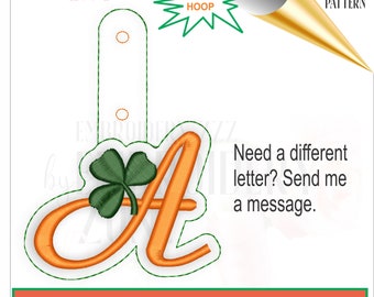 Shamrock monogram letter A snap tab embroidery design file. Saint Patrick's Day favor. Bag tag key fob pattern template. Embroider ITH