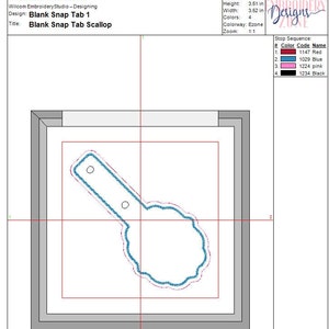 May include: A digital production worksheet for an embroidery design titled Blank Snap Tab Scallop. The document displays a technical layout with a stop sequence for red, blue, pink, and black threads, measuring 3.51 inches by 3.62 inches.
