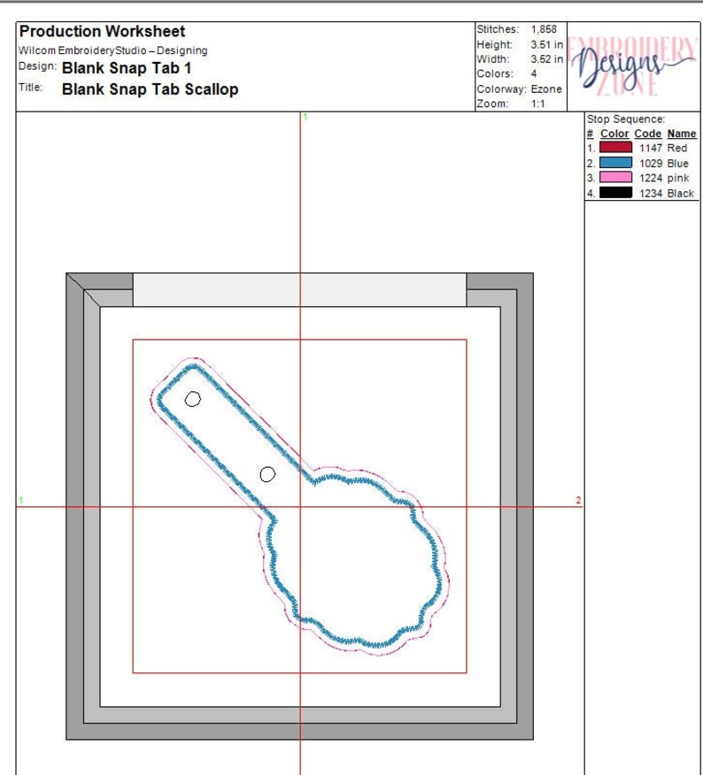 May include: A digital production worksheet for an embroidery design titled Blank Snap Tab Scallop. The document displays a technical layout with a stop sequence for red, blue, pink, and black threads, measuring 3.51 inches by 3.62 inches.