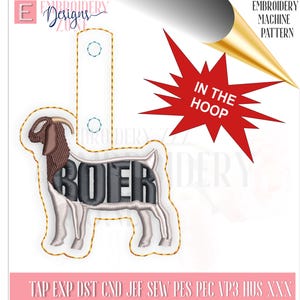 May include: An embroidery machine pattern with a Boer goat design. The goat is rendered in brown, grey, and white, with the word "BOER" in bold lettering. The design also includes the text "IN THE HOOP" and "EMBROIDERY MACHINE PATTERN".