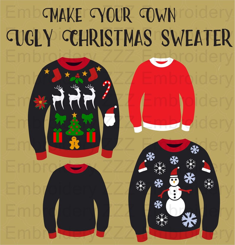 May include: Four different designs for ugly Christmas sweaters. The sweaters are black with red trim and feature various holiday designs, including reindeer, a Christmas tree, a snowman, and snowflakes.