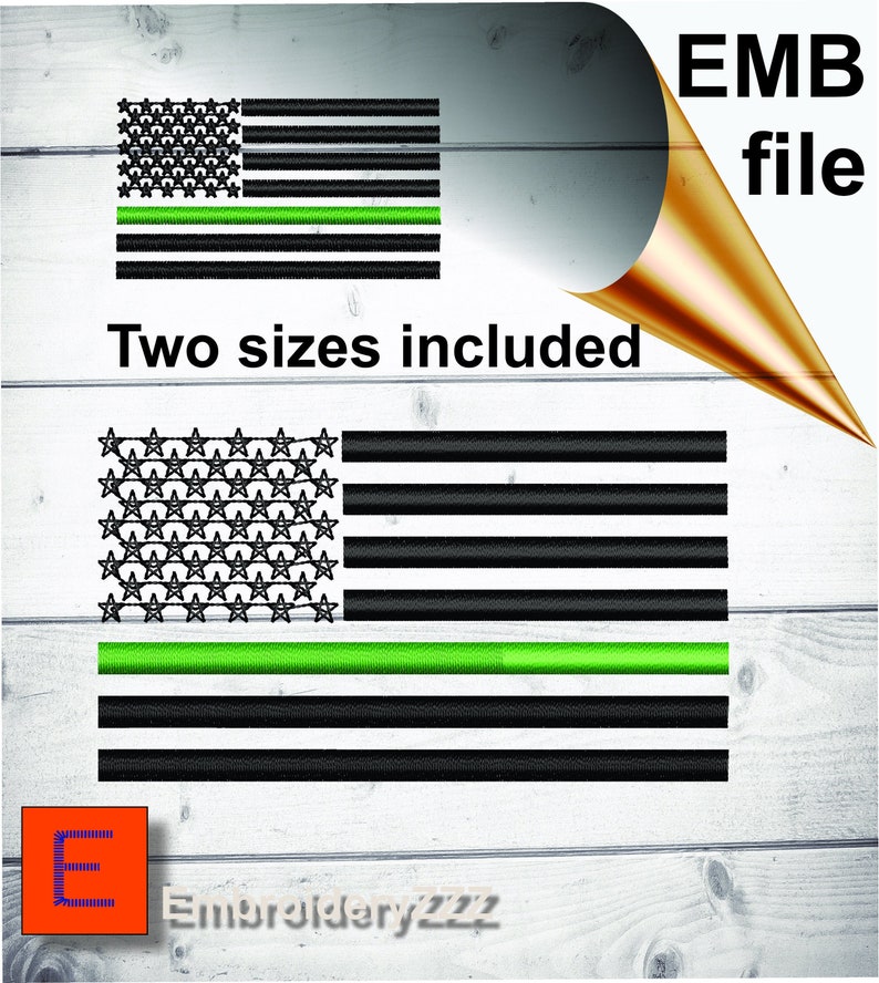 Op de afbeelding: Twee maten van een Amerikaanse vlag met een groene streep in het midden. De vlag is zwart en wit met sterren in de linkerbovenhoek. De tekst "EMB-bestand" en "Twee maten inbegrepen" is ook zichtbaar.