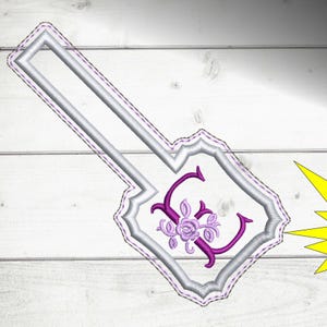 Monogram Letter E snap tab in the hoop key fob embroidery design template for making your own key chain ITH. Machine Embroidery fob pattern