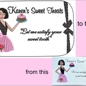 May include: A white card with black text and a black and white polka dot bow. The text reads "Karen's Sweet Treats" and "Let me satisfy your sweet tooth". A cartoon woman with black hair and a pink dress is holding a cake with a red cherry on top.