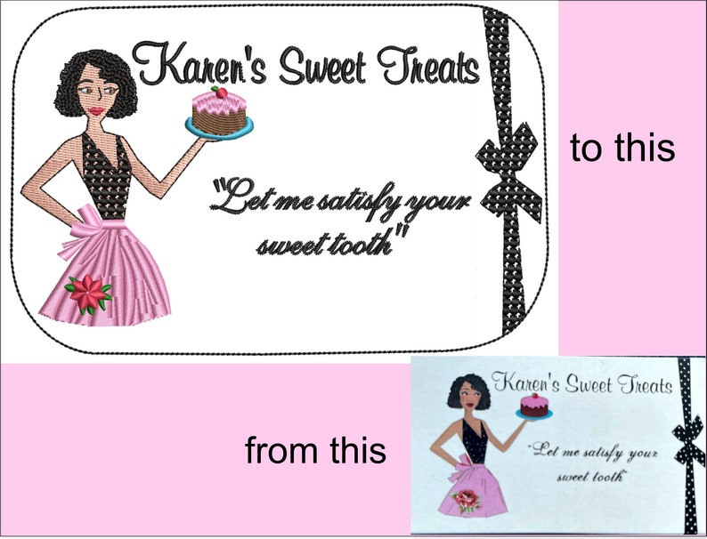 May include: A white card with black text and a black and white polka dot bow. The text reads "Karen's Sweet Treats" and "Let me satisfy your sweet tooth". A cartoon woman with black hair and a pink dress is holding a cake with a red cherry on top.