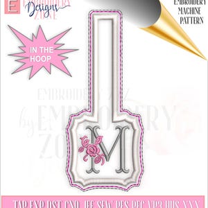 Monogram Letter M snap tab in the hoop key fob embroidery design template for making your own key chain ITH. Machine embroidery pattern