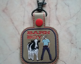 Farm boy embroidery pattern snap-tab in the hoop. ith key fob dairy cow design, western key chain  4-H gift idea,  farmer template, rodeo