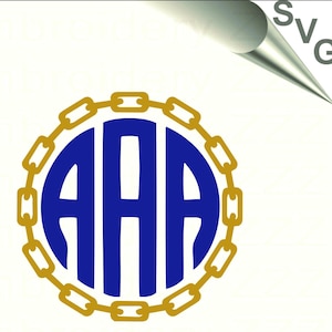 May include: A blue monogram with the letters "AAA" surrounded by a gold chain design.