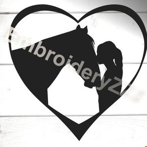 Fichier svg cheval coupé pour machines de découpe de vinyle et impression. Fille embrassant la silhouette de coeur de cheval, clipart imprimable de Saint-Valentin équestre de cricut