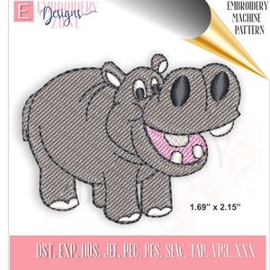 Happy Hippo embroidery design. Hippopotamus pattern to machine embroider. Small size embroidery file template fits in 4x4 hoops