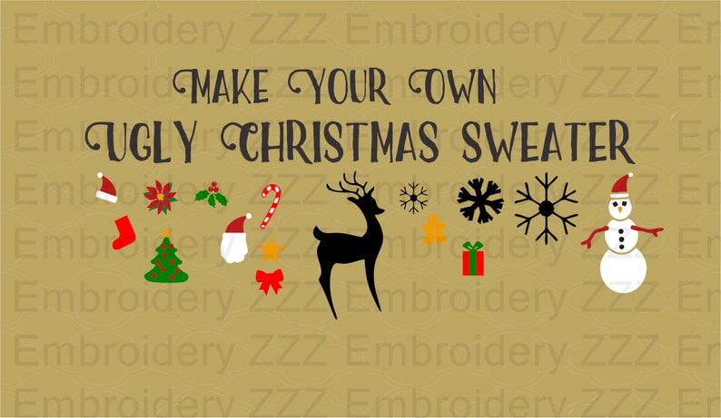 May include: Make your own ugly Christmas sweater design with this digital download. The design includes a reindeer, snowman, snowflakes, candy cane, Christmas tree, and other festive elements.
