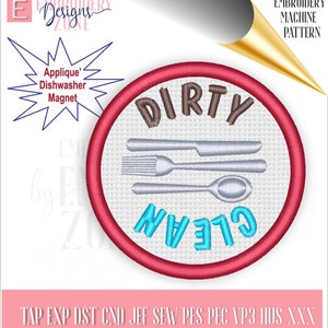 Könnte beinhalten: Ein runder, gestickter Patch in Rot und Weiß mit den Wörtern "Dirty" und "Clean" in kontrastierenden Farben. Der Patch zeigt eine Gabel, ein Messer und einen Löffel in der Mitte. Der Text "Applique' Dishwasher Magnet" ist in der oberen linken Ecke sichtbar.