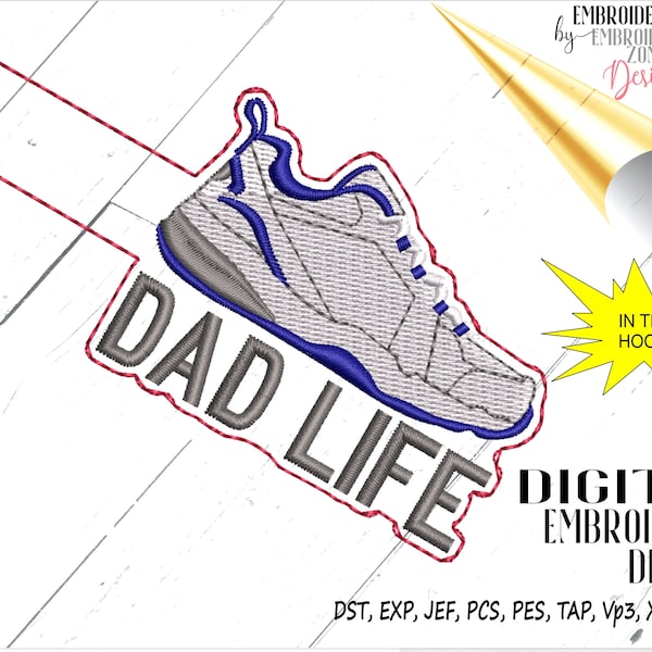 Dad Life snap tab key fob sneaker design. Machine embroidery in the hoop key chain template. Runner key ring pattern to embroider, fitness