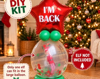 Puede incluir: Un kit de globos DIY que incluye un globo rojo en forma de estrella con el texto I'M BACK, dos globos verdes y un globo transparente grande con un muñeco de elfo y confeti, con el texto ELF NOT INCLUDED.