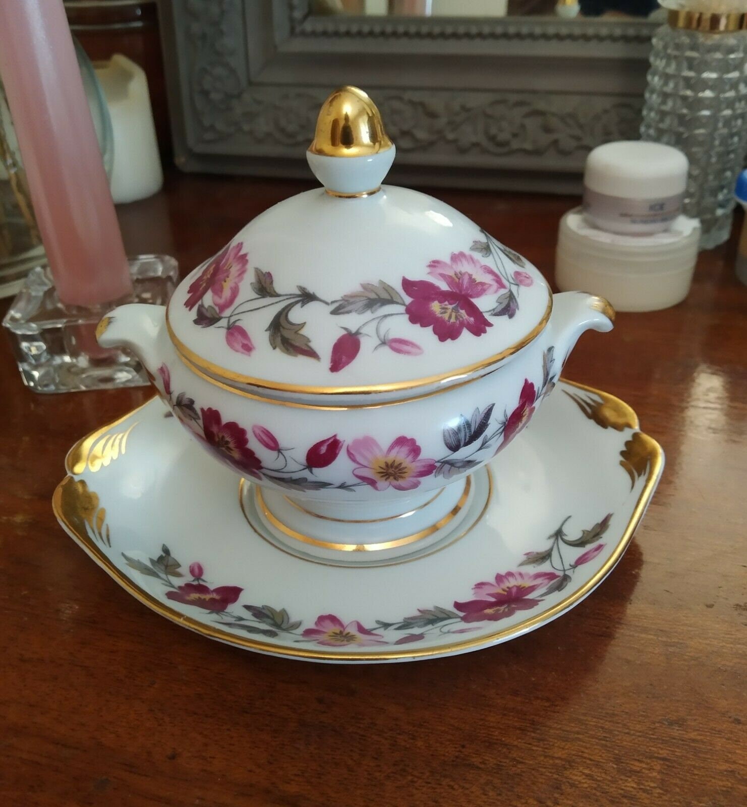 Sucrier + Coupelle Fleuris Vintage en Porcelaine de Limoges