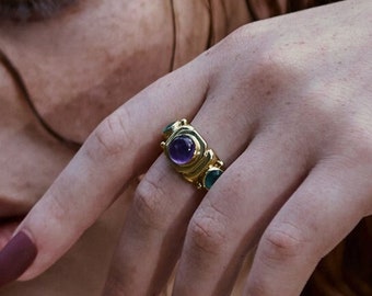 Amethyst & Green Onyx Gold Ring: Antique Style Gemstone Statement Ring