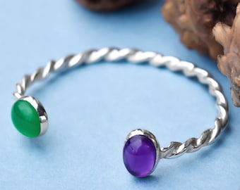 Twisted Sterling Silver Cuff Bracelet: Green Onyx & Amethyst