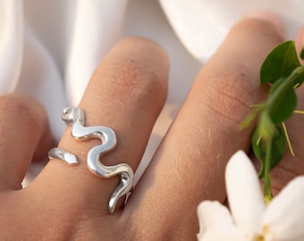 Adjustable Sterling Silver Snake Ring: Sculptural Serpent Jewelry